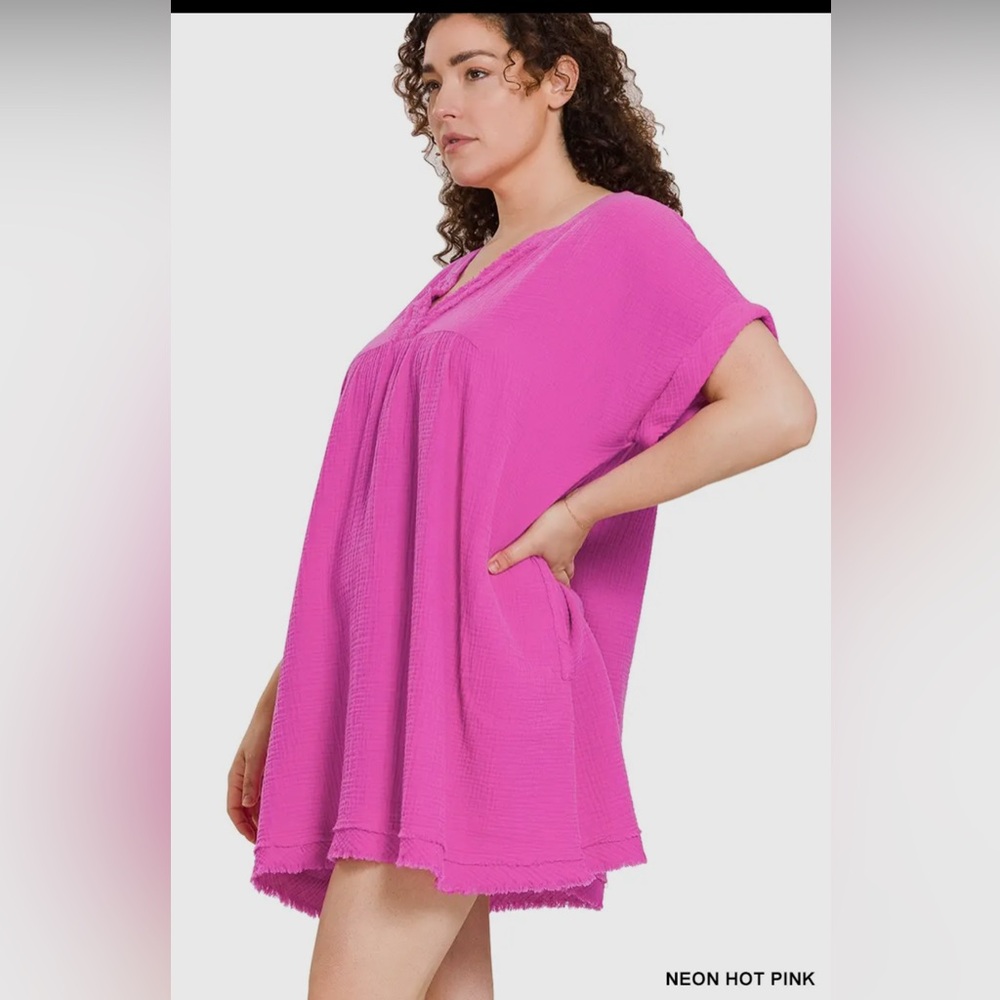 Zenana Double gauze raw edge v-neck dress - plus size
